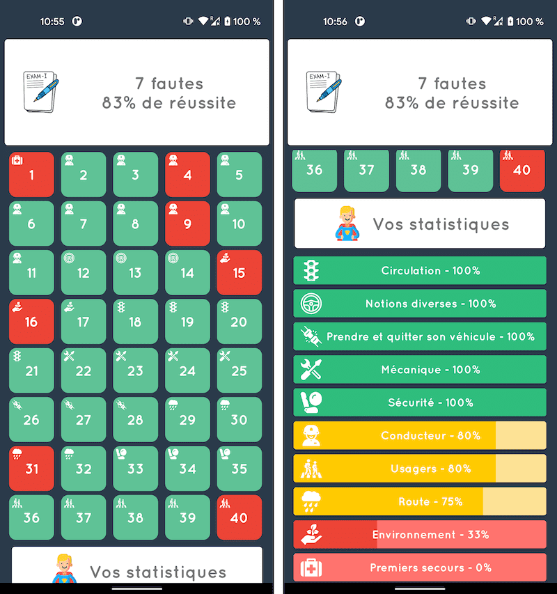 Page des résultats sur l’application mobile