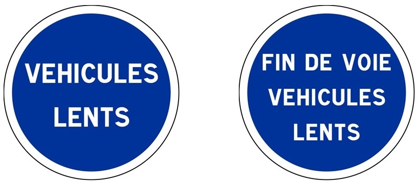 Panneaux de début et de fin de voie réservée aux véhicules lents