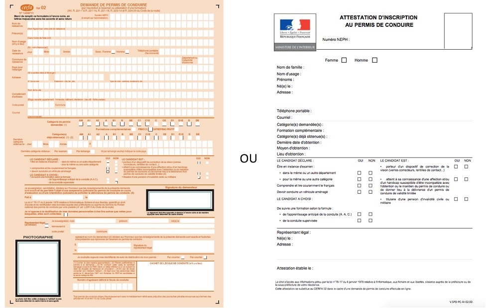 Formulaire Cerfa 02 d’attestation d’inscription au permis de conduire