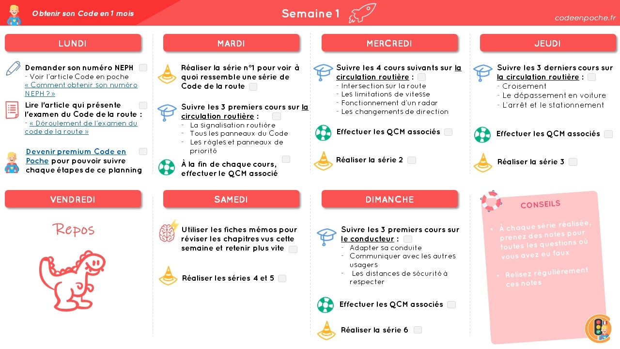 Planning pour obtenir le Code de la route en 1 mois : semaine 1