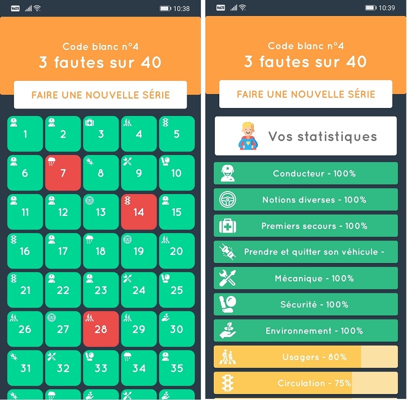 Page des résultats sur l’application mobile